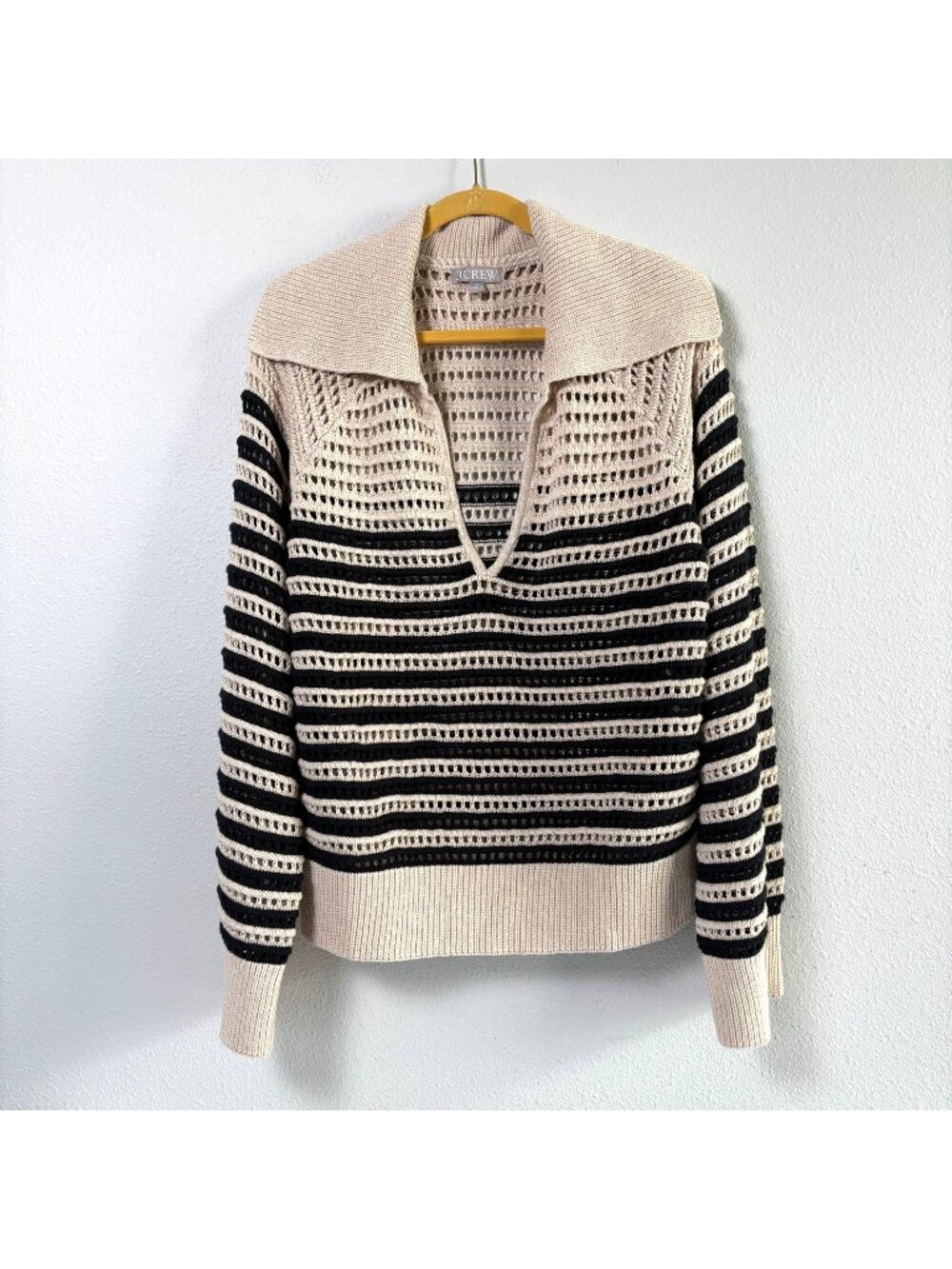 J Crew Sailor Collar Sweater Women XL Black Cream Striped V‎ Neck Cotton BZ509